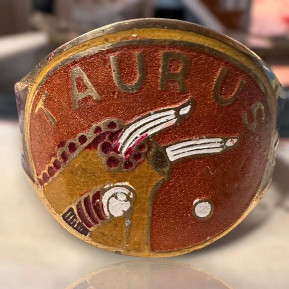 Vintage Brass Hand Painted TAURUS Zodiac Astrology Cuff Bracelet - Picture 2 of 8